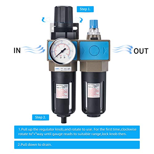 NANPU Lubricador regulador de filtro de aire comprimido NPT de 1/4" (FRL), elemento de latón de 5 micrones, calibre de 0-150 psi, drenaje manual, soporte de metal