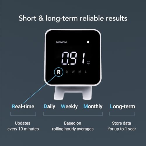 Ecosense EB100 EcoBlu, detector digital de radón, rápido y preciso, monitoreo a corto y largo plazo, pantalla LED de tamaño completo, fácil de usar