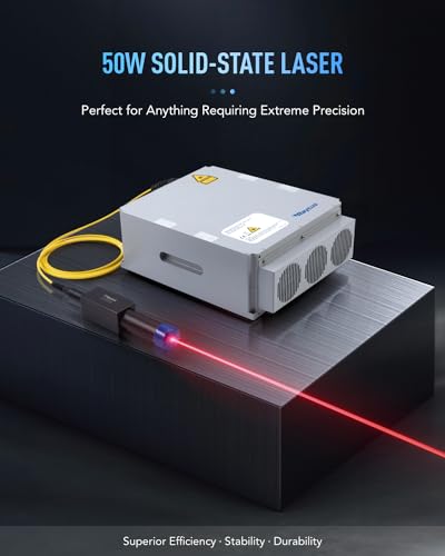OMTech Grabador láser de fibra de 50 W con eje rotativo, máquina de grabado láser compatible con LightBurn con puntero de punto rojo, máquina de grabado de marcado láser de estado sólido de 7.9 x 7.9 para joyas de oro de acero metálico