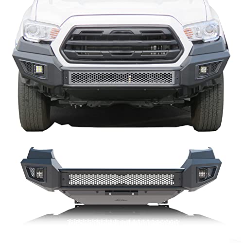 IRONBISON Parachoques delantero compatible con Toyota Tacoma 2016-2023, protector de parachoques de acero todoterreno con 2 luces LED antiniebla, protector de salpicaduras que puede añadir una barra de luz LED de 30 pulgadas