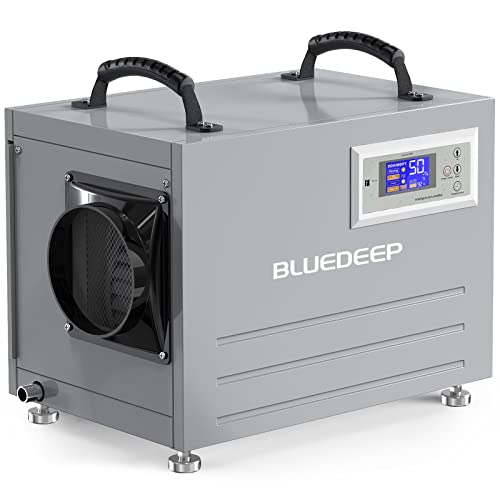 BLUEDEEP - Deshumidificador de espacio para sótano/rastreo, 120 pintas, deshumidificador comercial con manguera de drenaje para almacén, almacenamiento de daños por agua, 1 año de garantía