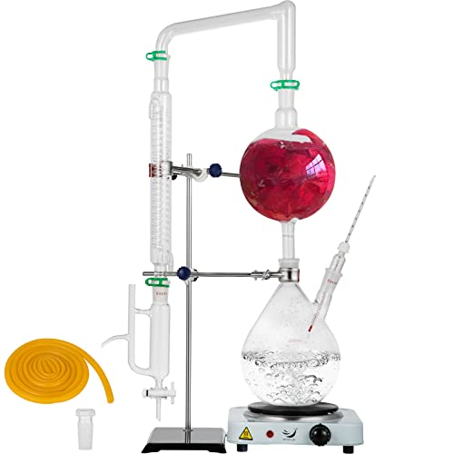 VEVOR Kit de destilación de aceites esenciales de 2 litros, kit de destilación de cristalería de laboratorio, purificador de destilador de agua con condensador de estufa caliente S35 y juntas 24 o 40