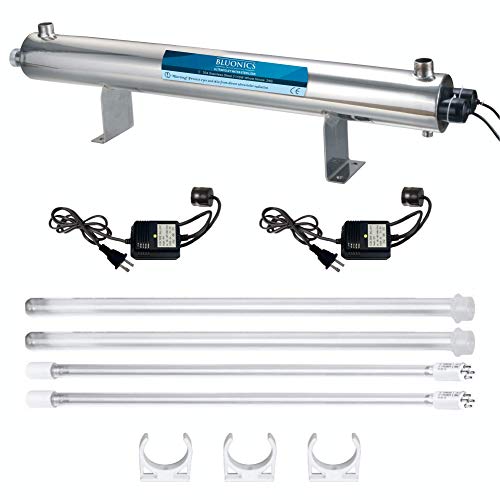BLUONICS Sistema purificador de filtración de agua de pozo de 110 W para toda la casa, luz ultravioleta UV, más sedimento y carbono con puertos NPT de 1 pulgada, esterilizador UV de 24 GPM con 3 filtros de tamaño de carcasa 4.5 x 20