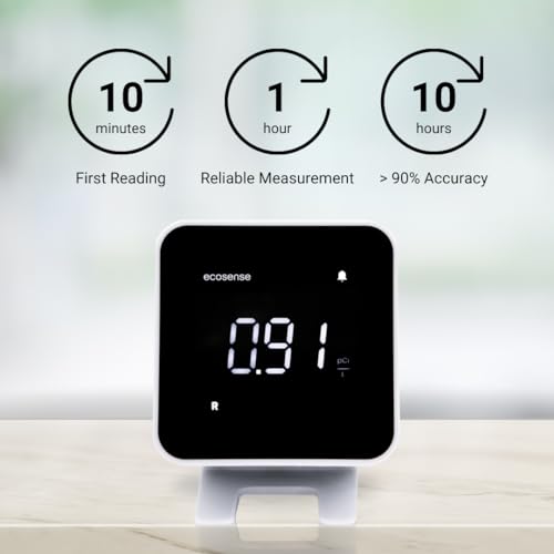 Ecosense EB100 EcoBlu, detector digital de radón, rápido y preciso, monitoreo a corto y largo plazo, pantalla LED de tamaño completo, fácil de usar