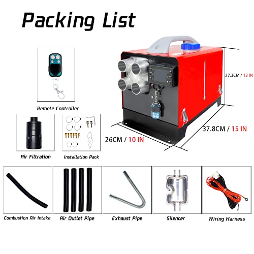 Calentador diésel todo en uno 5KW calentador de estacionamiento 12V 24V carcasa de aluminio calentador de aire diesel con control remoto monitor LCD tanque 5L para coche/RV/barco/camión/furgoneta/autobús (rojo)