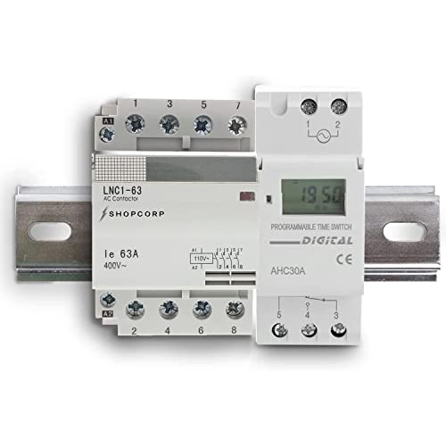 Bobina de 40 amperios, 4 polos, normalmente abierta, 110-120 V CA (funcionamiento silencioso), carga del motor 40 A y carga de iluminación, paquete de contactores 63 A con temporizador electrónico programable 24-7 y riel DIN 35 x 150 mm