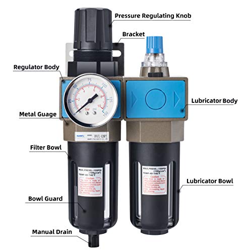 NANPU Lubricador regulador de filtro de aire comprimido NPT de 1/4" (FRL), elemento de latón de 5 micrones, calibre de 0-150 psi, drenaje manual, soporte de metal