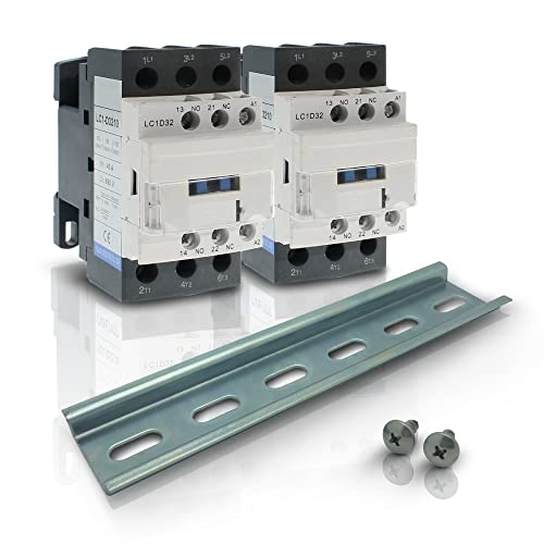 30 amperios, 6 polos (3 polos x 2) normalmente abiertos y auxiliares 1NO-1NC, bobina de 110-120VCA, carga del motor 32A y carga de iluminación 50A paquete de contactores con riel DIN, 35 x 150 mm y tornillos 2#10