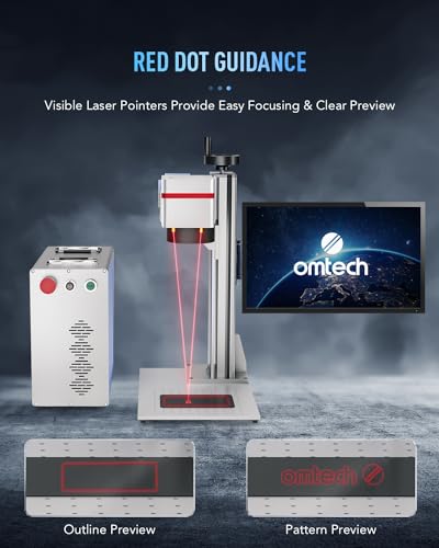 OMTech Grabador láser de fibra de 50 W con eje rotativo, máquina de grabado láser compatible con LightBurn con puntero de punto rojo, máquina de grabado de marcado láser de estado sólido de 7.9 x 7.9 para joyas de oro de acero metálico
