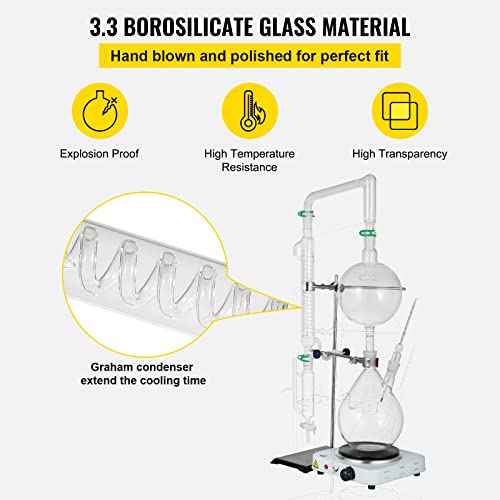 VEVOR Kit de destilación de aceites esenciales de 2 litros, kit de destilación de cristalería de laboratorio, purificador de destilador de agua con condensador de estufa caliente S35 y juntas 24 o 40