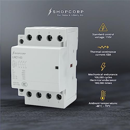 Contactor IEC de 400 V (funcionamiento silencioso) – Bobina de 110/120 VAC, carga del motor 40 A, carga de iluminación 63 A, incluye 35 x 152,40 mm acero zinc DIN y tornillos Phillips 2#10