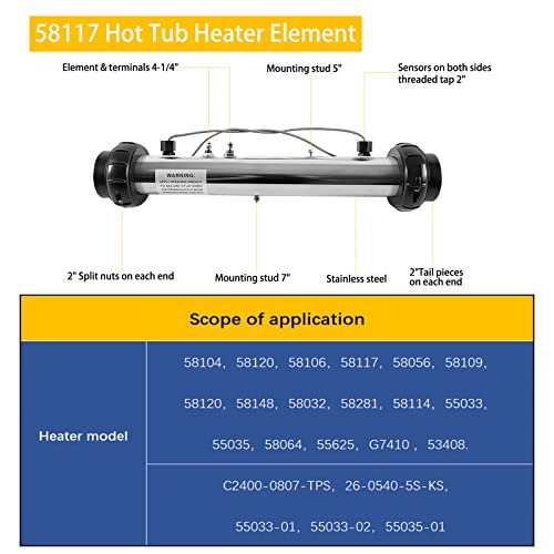58117 M7 - Conjunto de calentador con sensores de repuesto para Balboa VS, EL, TS, GS, BP Sistemas de control de tina de hidromasaje, elemento calentador de spa, 4.0 kW, 240 V/1.0 kW, 110
