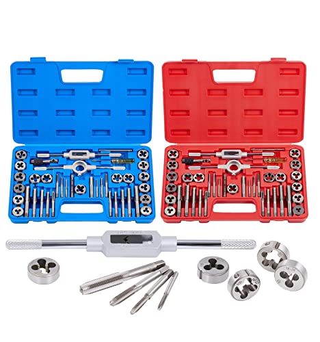 Orion Motor Tech - Juego de tarrajas y machuelos de estándar americano (SAE) y milimétricos, 80 piezas. Tipos de rosca: NC, NF, NPT. Juego de tarrajas y machuelos milimétricos y estándar americano (SAE) para realizar roscados externos e internos.