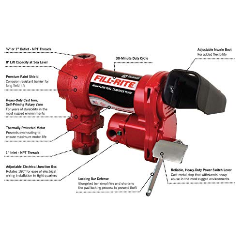 Fill-Rite FR1220HDSFQ Bomba de transferencia de combustible de 12 V 20 GPM (boquilla automática, manguera de descarga, giratoria, filtro de partículas, cabezal de filtro, tubo de succión)