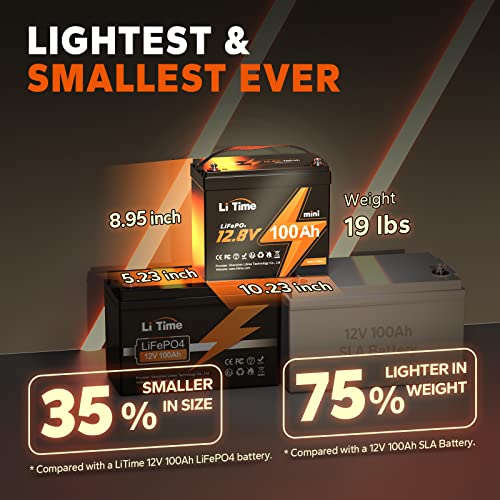 Litime Batería LiFePO4 de 12 V y 100 Ah, batería de litio de 4000 ~ 15000 ciclos profundos con BMS de 100 A, vida útil de 10 años, máx. 1280 Wh, perfecta para RV, solar, motor de arrastre, paquete de 2
