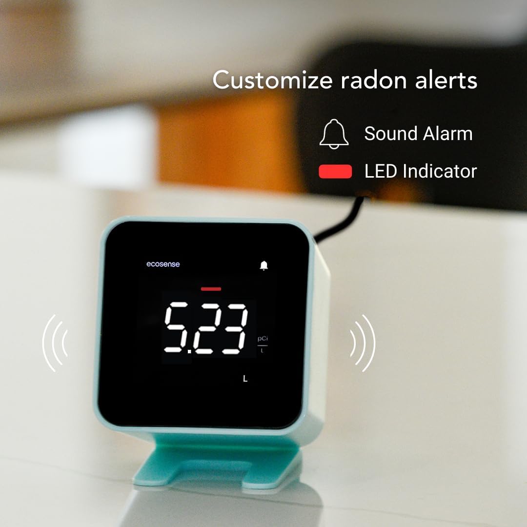 Ecosense EB100 EcoBlu, detector digital de radón, rápido y preciso, monitoreo a corto y largo plazo, pantalla LED de tamaño completo, fácil de usar