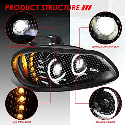 LED Halos+proyector de señal de giro Lámparas de faros compatibles con Freightliner Business Class M2 106 112 03-19, lado del conductor y del pasajero, carcasa negra