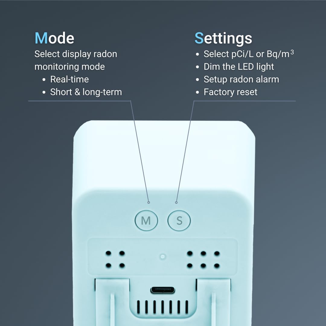 Ecosense EB100 EcoBlu, detector digital de radón, rápido y preciso, monitoreo a corto y largo plazo, pantalla LED de tamaño completo, fácil de usar