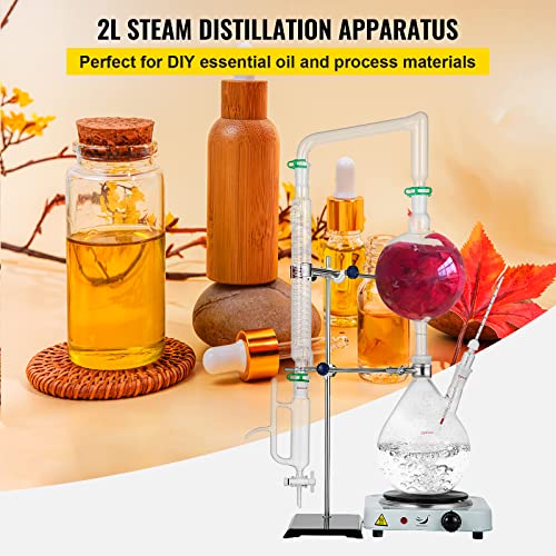 VEVOR Kit de destilación de aceites esenciales de 2 litros, kit de destilación de cristalería de laboratorio, purificador de destilador de agua con condensador de estufa caliente S35 y juntas 24 o 40