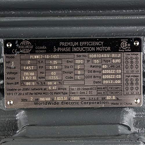 WorldWide Electric Corporation Worldwide Electric - Motor de marco en T PEWWE2-18-145T, GP, TEFC, rígido, 3 PH, 145T, 208-230/460V, 3.3 FLA