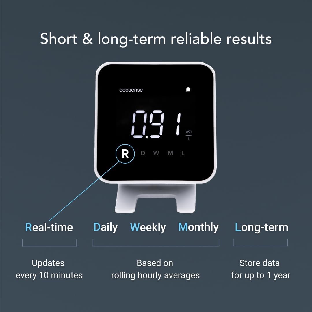 Ecosense EB100 EcoBlu, detector digital de radón, rápido y preciso, monitoreo a corto y largo plazo, pantalla LED de tamaño completo, fácil de usar