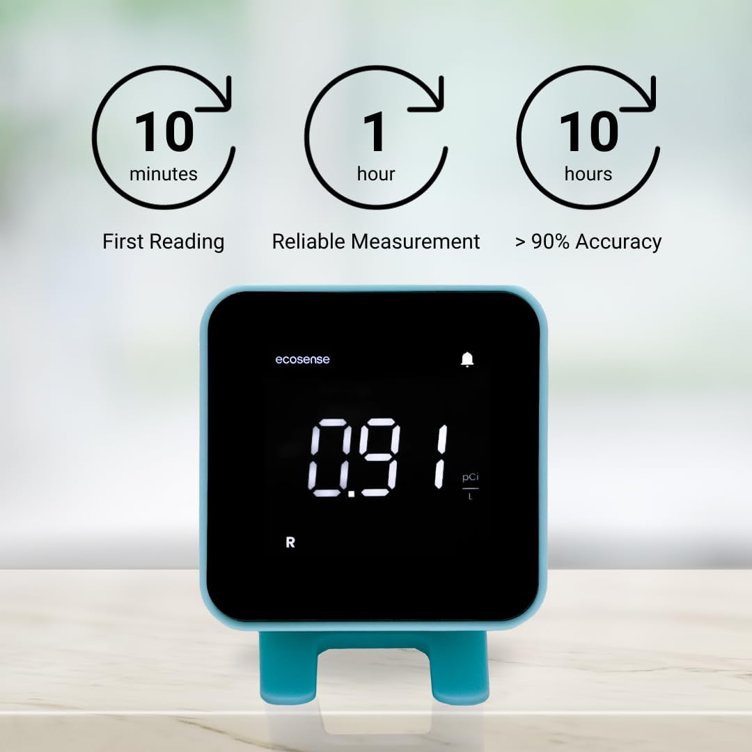 Ecosense EB100 EcoBlu, detector digital de radón, rápido y preciso, monitoreo a corto y largo plazo, pantalla LED de tamaño completo, fácil de usar