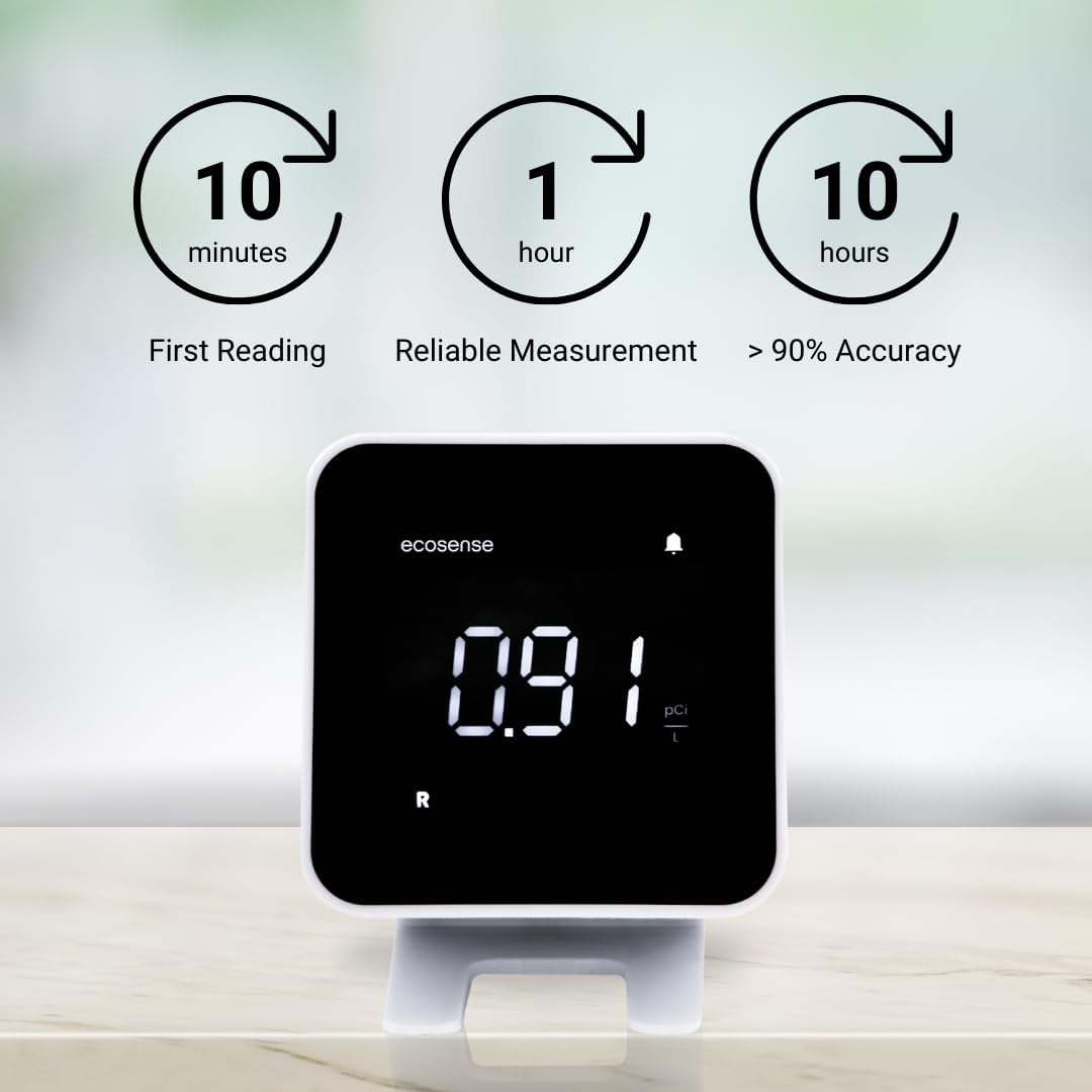 Ecosense EB100 EcoBlu, detector digital de radón, rápido y preciso, monitoreo a corto y largo plazo, pantalla LED de tamaño completo, fácil de usar