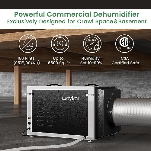 Waykar Deshumidificador comercial de 155 pintas, deshumidificador industrial para espacios de arrastre con manguera, sótanos, casas enteras