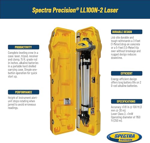 Spectra Precision LL100N-2 Kit de nivel láser con receptor y abrazadera HR320, varilla de grado de 15 pies (pulgadas), trípode y caja del sistema, amarillo