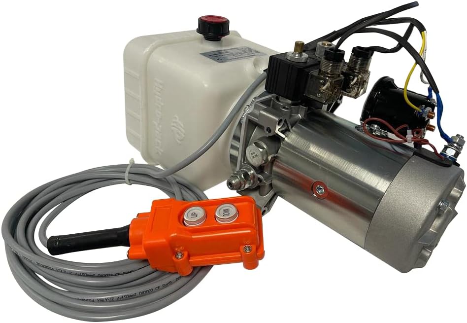 Bomba hidráulica de 12 voltios CC de efecto único para remolque volquete - Solenoide Unidad de potencia hidráulica de 12 V CC Tanque de plástico de 6 cuartos - Remolque volquete Paquete de energía hidráulica eléctrica