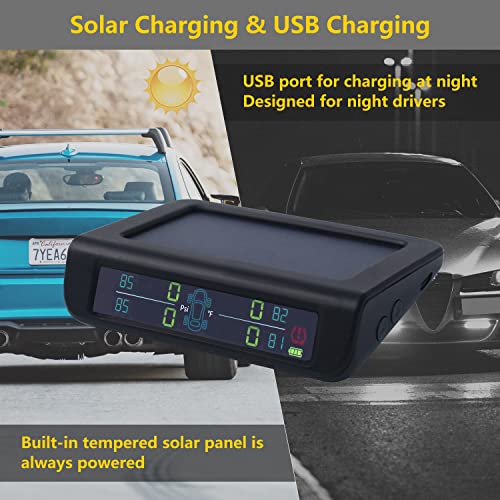 BACKVOLT - Sistema de monitoreo de presión de neumáticos, 4 sensores internos de 0-50 PSI/0-3.5 bar, sistema TPMS, cargador solar, 5 modos de alarma, visualización LCD, modo de reposo automático, inalámbrico, inteligente en tiempo real para automóviles