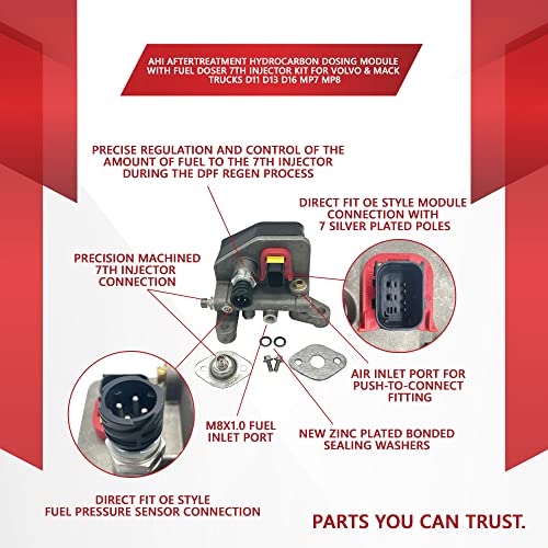 AHI - Módulo de dosificación de hidrocarburo para postratamiento con dosificador de combustible 7º kit de inyector sustituye a camiones Volvo & Mack D11 D13 D16 MP7 MP8 | 23185531, 21534115 y 21407621, 22009269