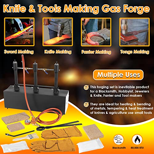 DFPROF3b - Forja de propano portátil de triple quemador, 1370 °C, forja de gas de gran capacidad cuadrada portátil con pinzas y guantes para herrería, herramientas de forja y equipo