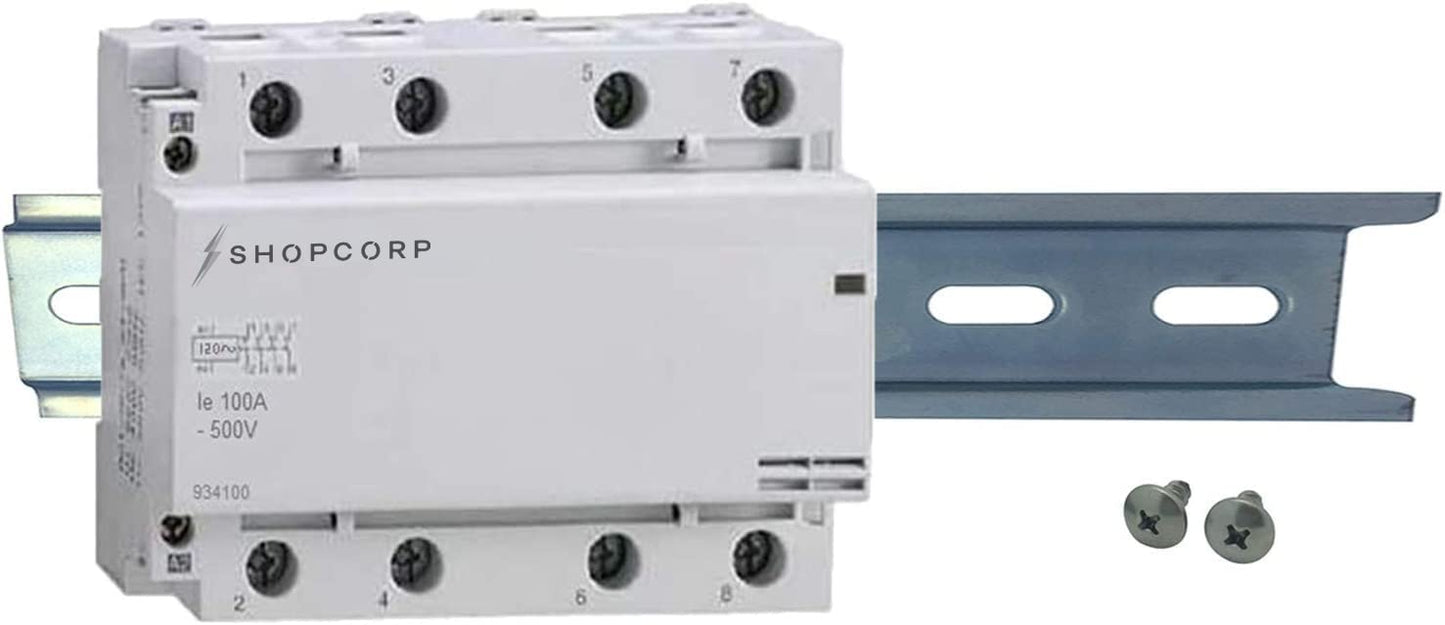 Contactor IEC de 500 V (modelo delgado) de 100 amperios 4 polos, bobina de 110/120 VAC, carga del motor 60 A y carga de iluminación 100 A, incluye riel DIN de aluminio de 35 x 203,20 mm y tornillos Phillips 2#10
