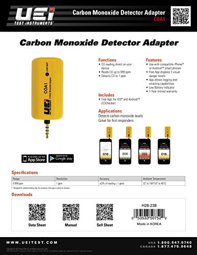 UEi Test Instruments COA1 Carbon Monoxide Adapter/App