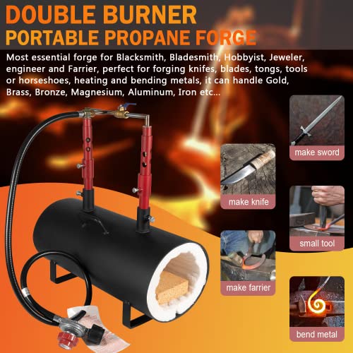 Forja de propano portátil de doble quemador de gran capacidad (19 x 6.7 x 3.5 pulgadas), calienta hasta 3500 °F/1426 °C para herrería, fabricación de cuchillos, herramientas para hacer forjas