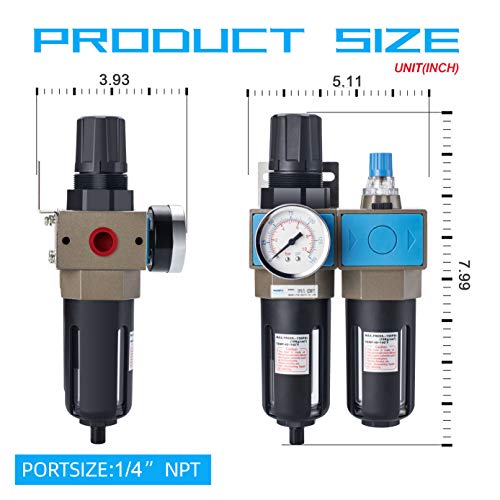 NANPU Lubricador regulador de filtro de aire comprimido NPT de 1/4" (FRL), elemento de latón de 5 micrones, calibre de 0-150 psi, drenaje manual, soporte de metal