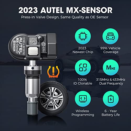 Autel Sensor TPMS, sensor MX-2 en 1 (315 MHz + 433 MHz) para el 99% de los automóviles, programación inalámbrica 100% clonable, igual que los sensores OE, duración de la batería de 6 años (válvula de metal a presión, 8 piezas)