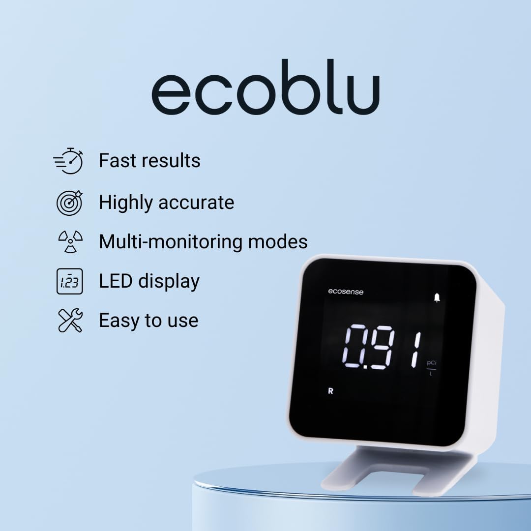 Ecosense EB100 EcoBlu, detector digital de radón, rápido y preciso, monitoreo a corto y largo plazo, pantalla LED de tamaño completo, fácil de usar