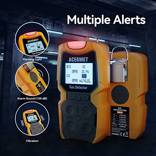 ACEGMET 4 Monitor de gas múltiple indicador (vibración, audible, visual) H2S, O2, CO y LEL 4 Monitor de gas personal recargable 4 medidores de gas 2 años de vida del sensor, olfatador de gas