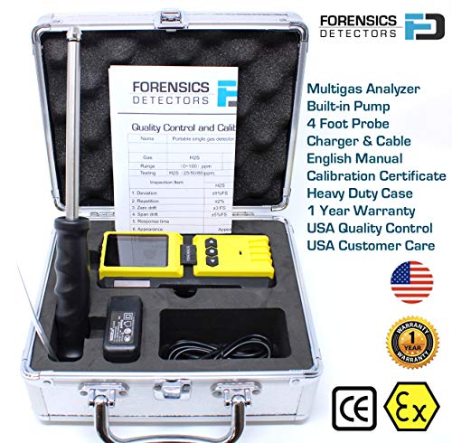 MULTIGAS Detector | Serie Industrial | Bomba integrada + sonda de 4 pies | O2, CO, H2S, LEL | Pantalla de color y gráfico | Ultra ABS Fuerte | Agua, polvo, prueba de explosión | Recarga de batería USB |