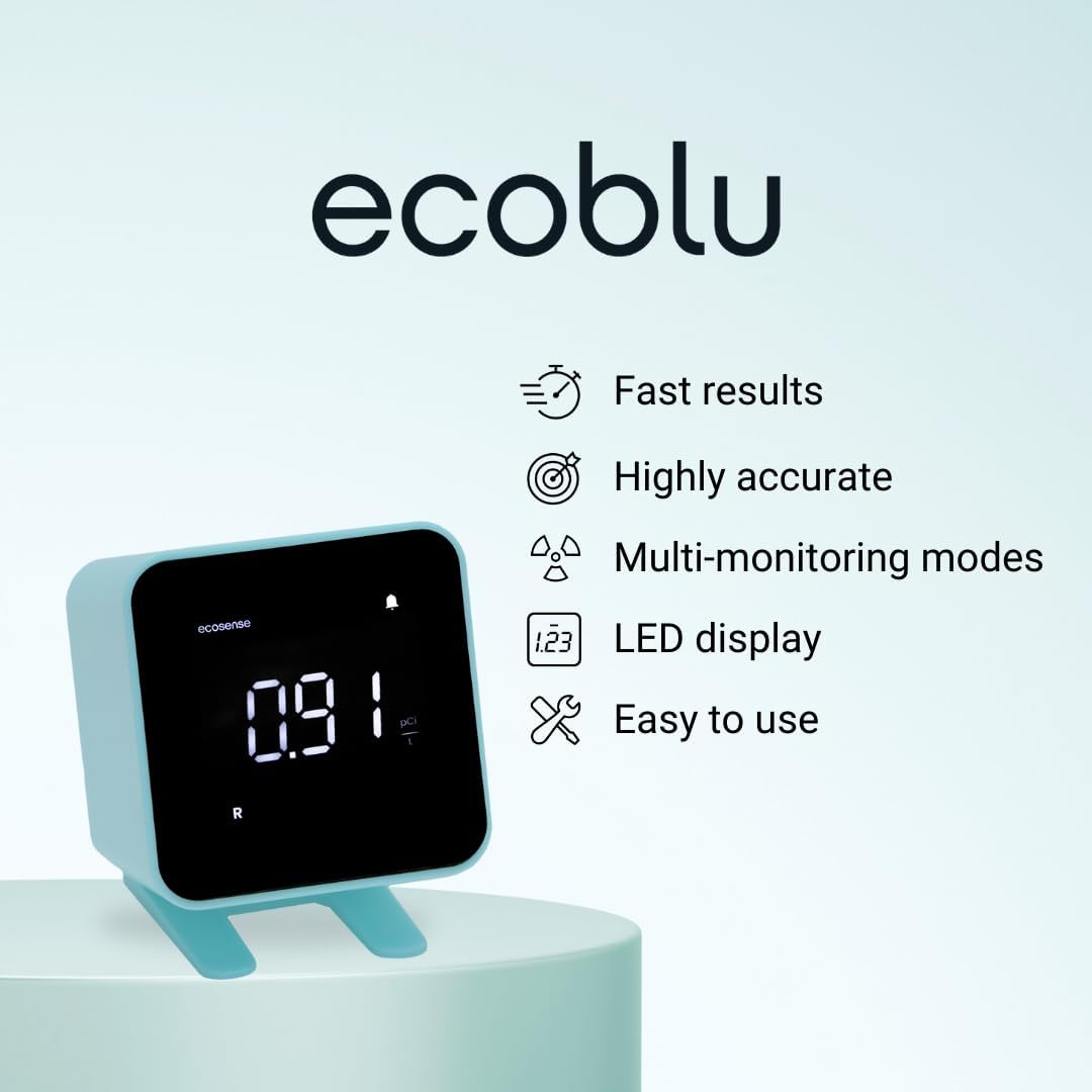 Ecosense EB100 EcoBlu, detector digital de radón, rápido y preciso, monitoreo a corto y largo plazo, pantalla LED de tamaño completo, fácil de usar