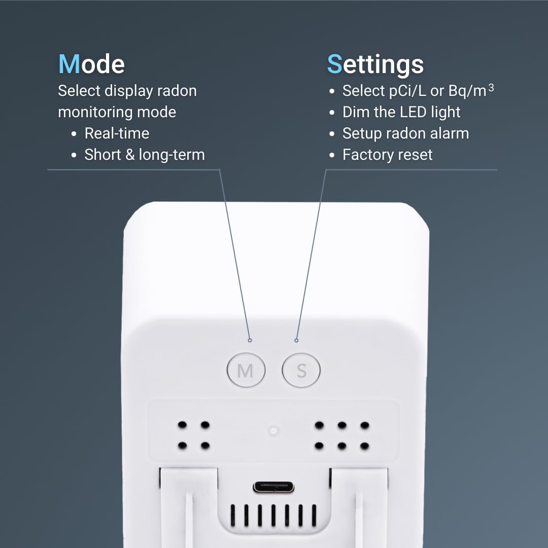 Ecosense EB100 EcoBlu, detector digital de radón, rápido y preciso, monitoreo a corto y largo plazo, pantalla LED de tamaño completo, fácil de usar