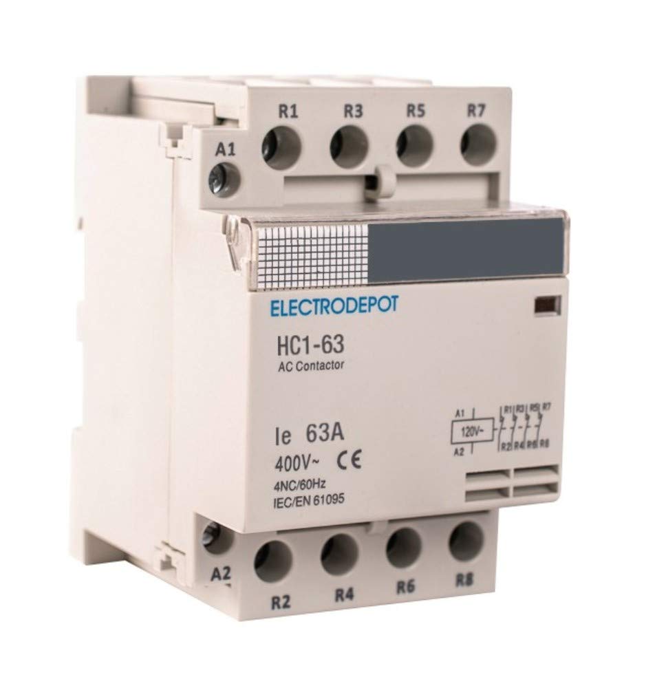 Electrodepot - Contactor IEC 400V (funcionamiento silencioso, 4 polos, 40 A, bobina 110/120 VAC, inductivo 20 A, resistivo 40 A, con base de montaje para carril DIN)
