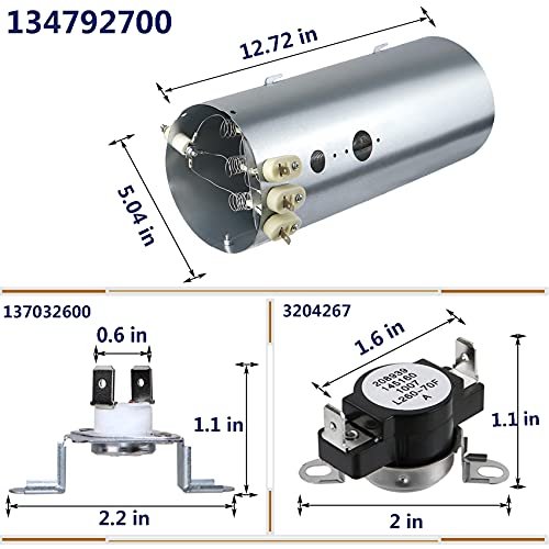 134792700 Elemento de calefacción para secadora, limitador térmico 137032600 y termostato 3204267 compatible con secadores Electrolux Frigidaire, repuesto PS2349309 AP4368653 AP4368739 PS2349395 y AP2131414214214