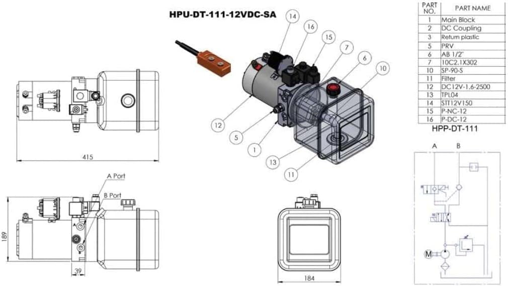 Bomba hidráulica de 12 voltios CC de efecto único para remolque volquete - Solenoide Unidad de potencia hidráulica de 12 V CC Tanque de plástico de 6 cuartos - Remolque volquete Paquete de energía hidráulica eléctrica