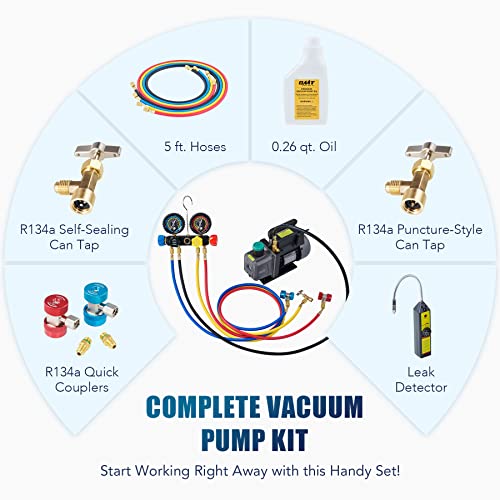 Orion Motor Tech Bomba de Vacío de CA con Manómetros, Bomba de Vacío de 4.5cfm y Juego de Manómetros de Colector de 4 Vías con Detector de Fugas para Refrigerante R134a, R22 o R410a (4.5 CFM&4 Way)