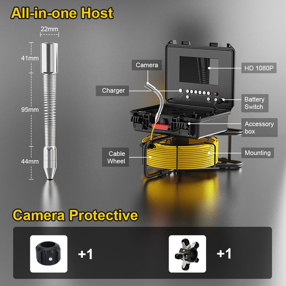 Cámara de alcantarillado con 512Hz Sonde autonivelante, cámara de inspección de tuberías con grabadora DVR, endoscopio con contador de medidor, 12 luces LED para fontanería de 66 pies/65.6 ft (tarjeta SD de 16 GB incluida)