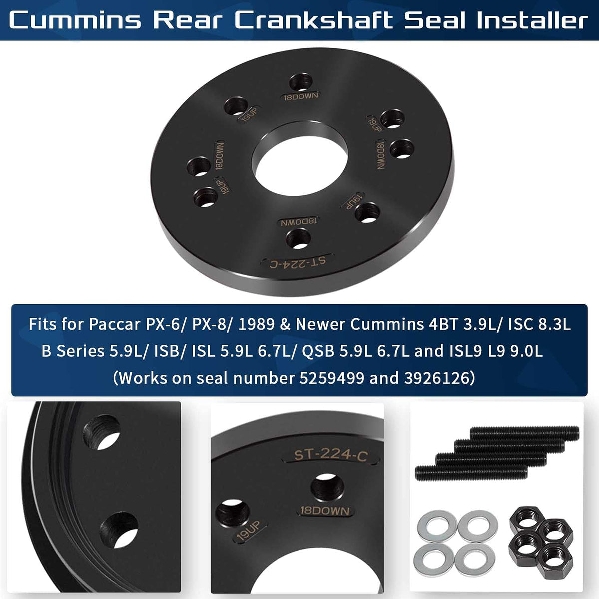 3824078 5395259 2063800090 - Instalación de sello y manga de desgaste para Cummins 3.9L 5.9L 6.7L 8.3L 9.0L y Paccar PX-6 PX-8 ST-224C