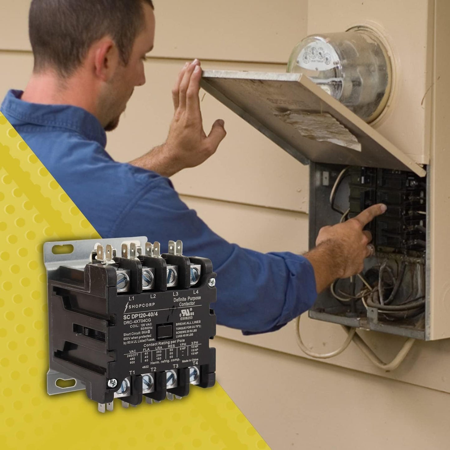 Shopcorp Contactor magnético de propósito definido de 40 A, 4 polos, NO 600 V, HVAC, iluminación y refrigeración, bobina de 110/120 V, carga del motor 40A, aire acondicionado y bomba de calor